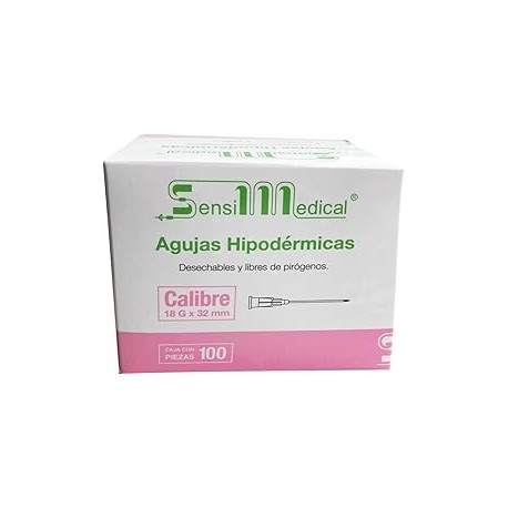 SENSIMEDICAL | Aguja Hipodérmica 18gx32 Mm Rosa Caja con 100 Unidades