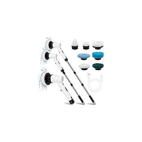 BUXFMHT Estropajo Giratorio Eléctrico, Cepillo de Limpieza Inalámbrico con Mango de Extensión Ajustable y 7 Cabezales de Cepill