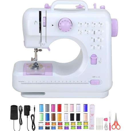 Salandens Maquina de Coser Electrica 12 Tipos de Puntadas, Pedal Eléctrico de Doble Uso, Función de Patchwork, Costura de Boton