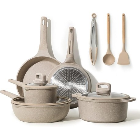 Carote Juego de ollas y sartenes antiadherentes, 11 piezas de utensilios de cocina, de inducción, sartenes para saltear, apilab