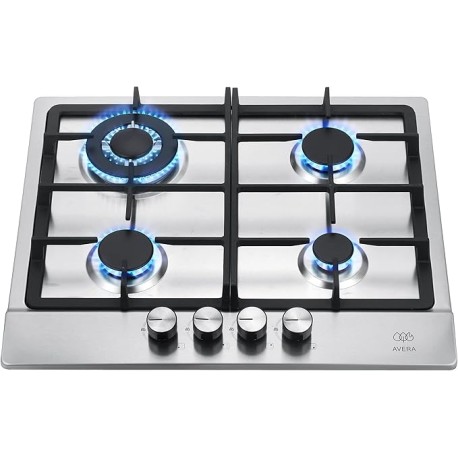 AVERA Parrilla de Gas 4 Quemadores, Acero Inoxidable 60cm (Incluye Accesorios para Instalarla), Encendido Electronico, Perillas