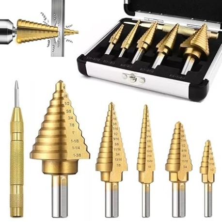 Brocas Escalonadas,5pcs Broca Escalonada para Metal y Punzón Central Automático,HSS Recubierto de Titanio,1/8" to 1-3/8",Doble 