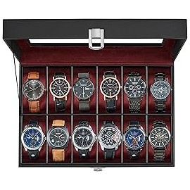 SONGMICS UJWB120R01 - Caja de reloj de 12 ranuras, organizador de caja de reloj, piel sintético negro, forro rojo vino