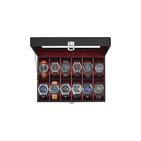 SONGMICS UJWB120R01 - Caja de reloj de 12 ranuras, organizador de caja de reloj, piel sintético negro, forro rojo vino