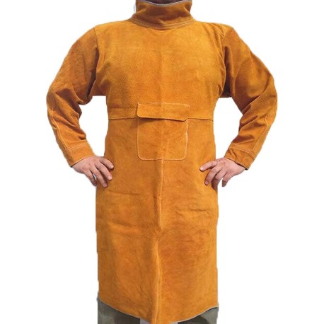 Jewboer - Delantal de piel con manga, chamarra de soldadura resistente, resistente al calor, resistente al fuego, para hombres 