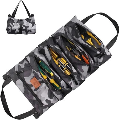 LEFUS Rollo de herramientas, bolsa de herramientas con 5 bolsillos con cremallera, bolsa de herramientas enrollable multiusos p