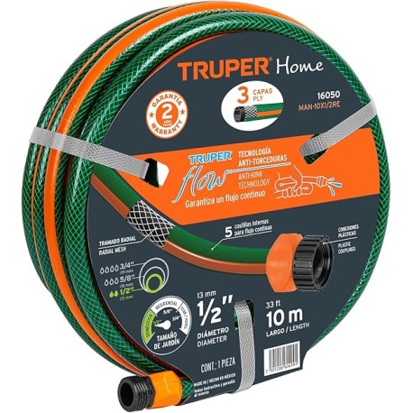 Truper MAN-10X1/2RE, Manguera 1/2", reforzada, 3 capas, conexiones plásticas, 10 m