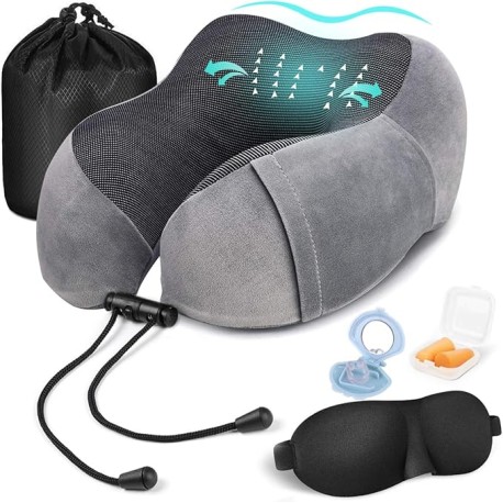 TYC Almohada de Viaje, Almohada de Cuello Viscoelástica de Espuma de Memoria con Máscara de Ojos, Tapones para los oídos y Nari