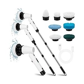 BUXFMHT Estropajo Giratorio Eléctrico, Cepillo de Limpieza Inalámbrico con Mango de Extensión Ajustable y 7 Cabezales de Cepill