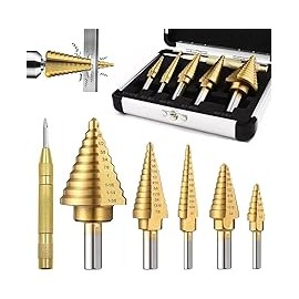 Brocas Escalonadas,5pcs Broca Escalonada para Metal y Punzón Central Automático,HSS Recubierto de Titanio,1/8" to 1-3/8",Doble 