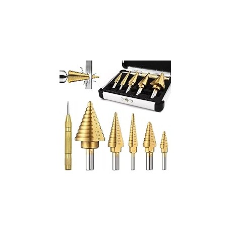 Brocas Escalonadas,5pcs Broca Escalonada para Metal y Punzón Central Automático,HSS Recubierto de Titanio,1/8" to 1-3/8",Doble 