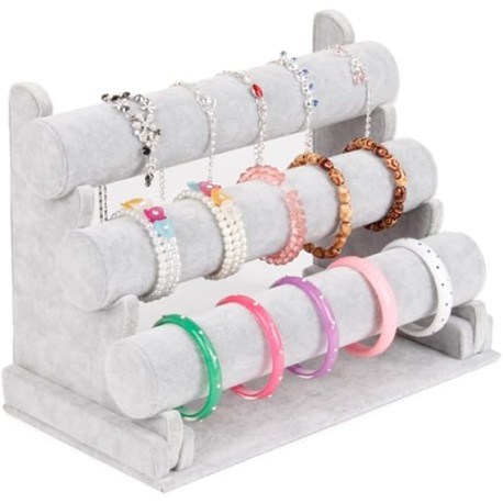 PUBAMALL Portapulseras con estantes de tres niveles, expositor de pulseras Terciopelo Gray, organizador de joyas