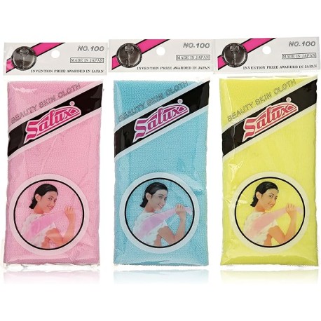 Salux Nylon Japanese Beauty Skin Bath Wash Cloth/Towel (3) Blue Yellow and Pink