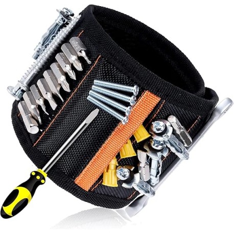 Cinturón para Herramientas, Muñequera Pulsera Magnética Ajustable con 15 Súper Imanes, 2 Bolsillos Pequeños, para Ahorra las Ma